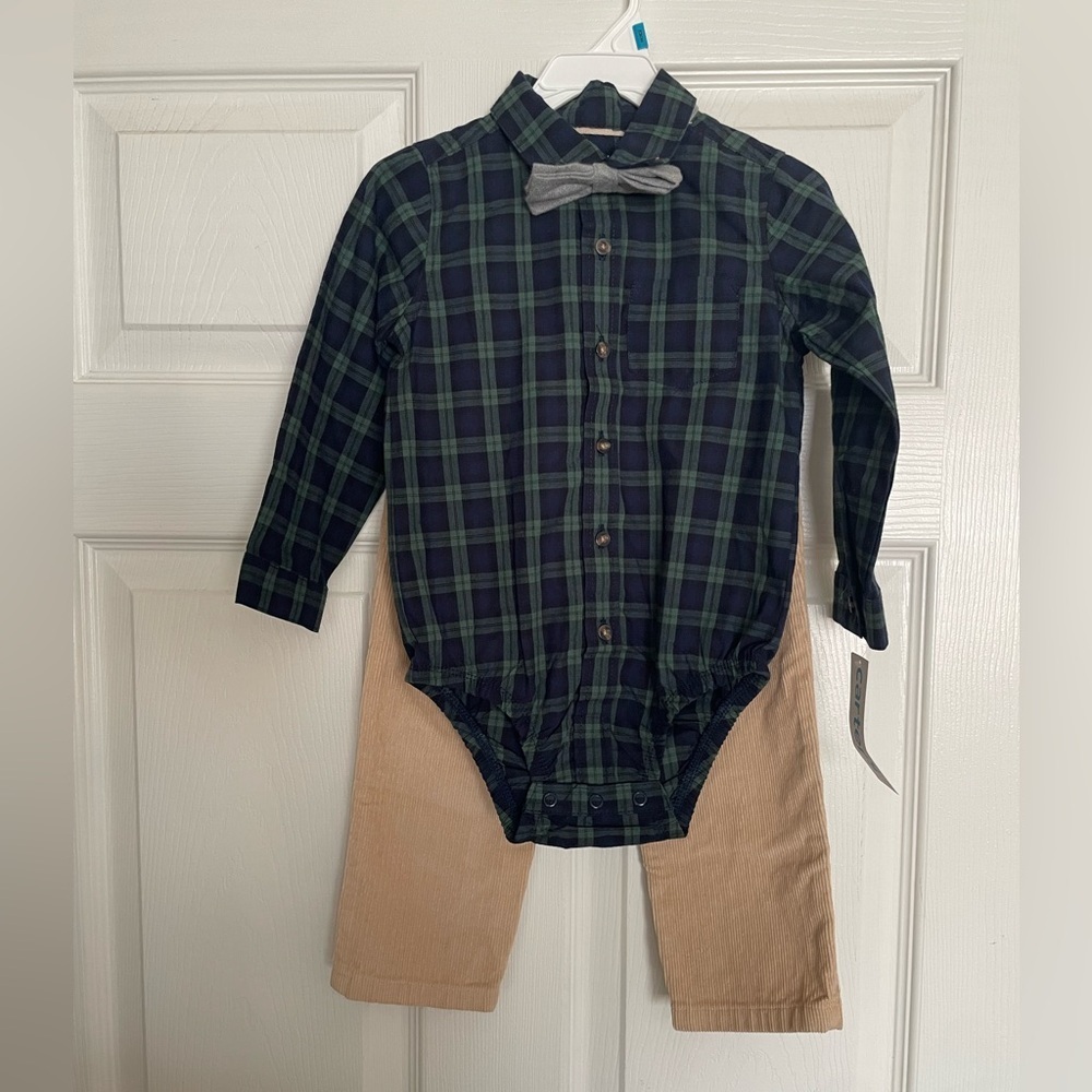 Carter's Green Plaid Button Up Bodysuit with Tan Pants and Grey Bowtie NWT 24mo - Picture 1 of 9